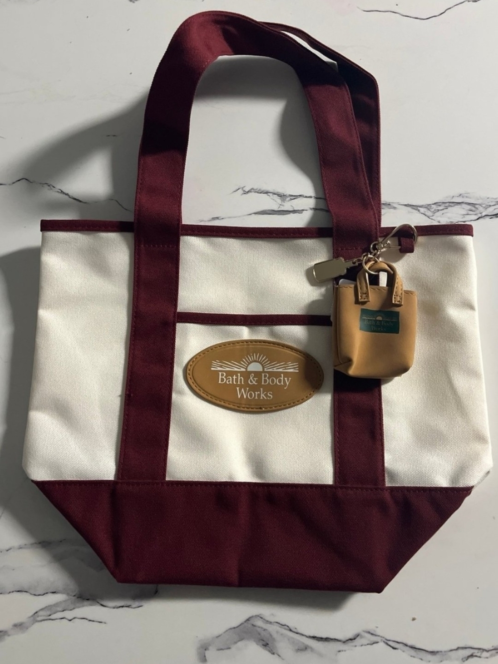 Bath & Body Works Burgundy & White Canvas Tote with Tan Keychain